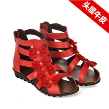 可乐豚夏季新款真皮凉鞋韩版蝴蝶结红色粉色中小女童凉鞋(26~30)