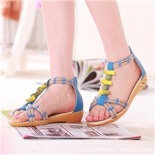 新款手工串珠夏季女士彩色拼接草编甜美坡跟凉鞋批发代发