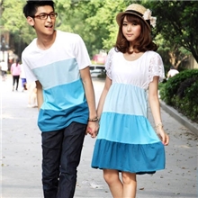 2013夏装渐变情侣装短袖T恤长款女装裙子潮宽松圆领亲子装批发