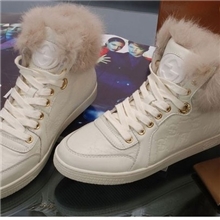 欧洲站g*ci牛皮兔毛平跟女靴批发白色学生踝靴短靴棉靴平底靴子