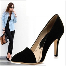 欧美时尚夜店浅口侧空绒面高跟鞋黑色ol女鞋尖头凉鞋单鞋