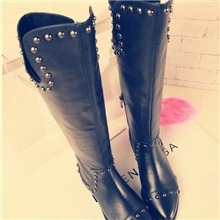 欧美秋冬季新款平跟前高后短真皮铆钉骑士靴时尚长筒靴女靴子批发