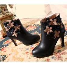 新款花朵单靴高跟侧拉链真皮细跟马丁牛皮大小码靴女短靴批发定做