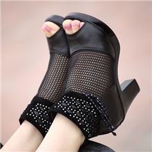 温州女鞋网店代理真皮凉鞋粗跟网鞋高跟鱼嘴网靴高帮透气女士皮鞋