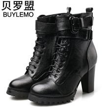 【伙拼】真皮马丁靴女圆头粗跟中筒靴英伦铆钉单靴高跟防水台女靴