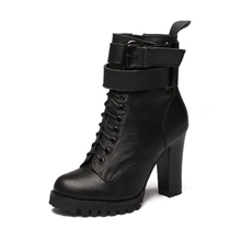 秋冬新款真皮马丁靴女圆头粗跟中筒靴英伦铆钉单靴高跟防水台女靴