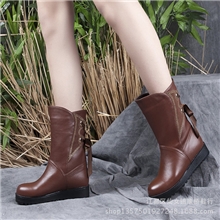 秋冬新款真皮女士平跟舒适中筒南极绒里棉靴pf1103加大码35-43
