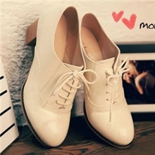 韩国公主中跟圆头女鞋裸色单鞋系带白色小白鞋粗跟英伦高跟鞋夏季