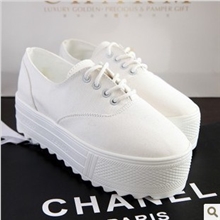 韩版潮鞋休闲系带松糕鞋黑白色单鞋百搭厚底内增高帆布鞋