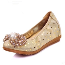 秋新款水钻蝴蝶结真皮女内增高坡跟浅口女鞋舒适百搭牛皮单鞋