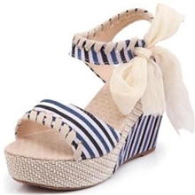 小额批发夏季新款时尚休闲丝带条纹系带帆布高坡跟鱼嘴凉鞋女鞋子
