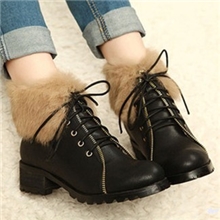 秋冬款欧美前拉链毛毛短靴圆头低跟女靴马丁靴机车靴女鞋子