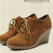 韩版时尚坡跟短靴圆头牛筋系带英伦复古单鞋高跟鞋厚底鞋时尚女鞋