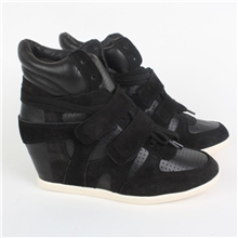 A家鞋艾熙帆布休闲鞋女高帮内增高防水台系带魔术贴真皮坡跟鞋