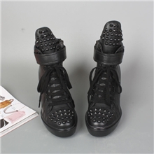 高端精品牛皮铆钉系带魔术贴内增高松糕鞋坡跟女休闲鞋工厂直销