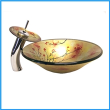 2013新款手绘玻璃洗手盆配同款冷热瀑布水龙头