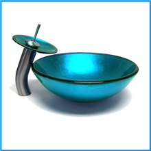 特价促销蓝色手绘艺术盆配同款冷热瀑布水龙头