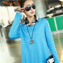 新款秋装大码女装韩版针织衫套头宽松显瘦中长款毛衣外套女假两件