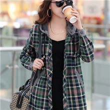 2013大码女装胖mm秋装200斤上衣长袖连帽开衫中长款宽松格子衬衫