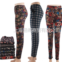 秋冬加厚加绒打底裤不倒绒格子保暖裤中老年休闲裤铅笔裤厂家批发