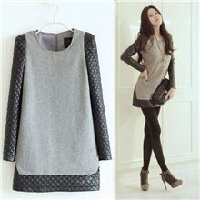 胖mm大码女装批发代理显瘦韩版毛呢拼接PU皮革连衣裙秋冬新品0050