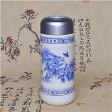 供应荣华富贵青花陶瓷保温杯青花双层保温杯会议礼品套装