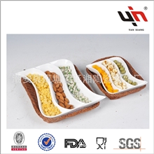 高温耐热陶瓷格盘曲线条小吃零食三格陶瓷格盘配藤篮