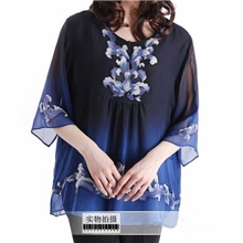 女装夏装中老年手绘真丝上衣T恤加大码衬衫100%桑蚕丝z-016