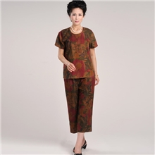 100%桑蚕丝高档中老年女装夏装套装大码真丝香云纱短袖中年妈妈装