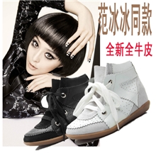 范冰冰同款外贸磨砂皮内增高拼接雕花镂空真皮高帮休闲女短靴子潮