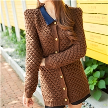 韩国明星同款秋冬新款女装手工棒针菠萝格纹毛衣外套开衫S0682