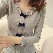 外贸女装秋冬新款韩版钉珠领蝴蝶结打底针织衫