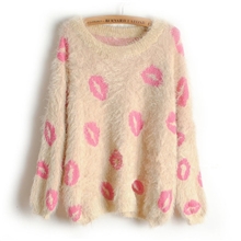 秋冬新款韩版女装糖果色海马毛红唇宽松套头针织打底衫蝙蝠袖毛衣