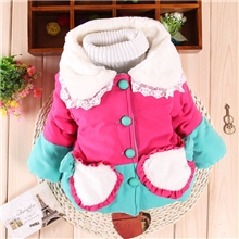 童装批发韩版时尚拼色毛领口袋花结女童棉衣加厚羊羔绒小童棉衣