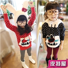 新款韩版女童加绒加厚上衣儿童秋冬款圆点点长耳朵兔子打底绒衫