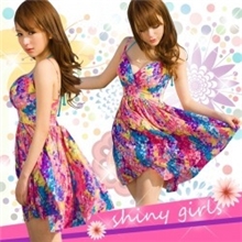 新款SW12016-1沙滩装短裙水彩花v领高腰显瘦沙滩裙吊带裙批发