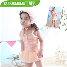 热卖韩版新款儿童泳衣连体裙式蕾丝肉粉色女童温泉泳装配泳帽