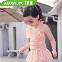 2013新款儿童泳衣连体裙式超Q蕾丝肉粉色女童温泉泳装配泳帽