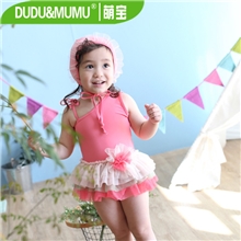 韩版新款儿童泳衣连体裙式彩色蕾丝粉色女童温泉泳装配泳帽