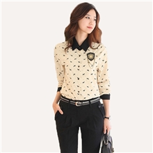 新款女式雪纺衬衫长袖印花欧美翻领女士衬衫配胸章A097
