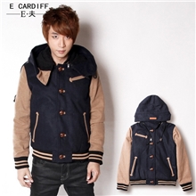 【秋冬新品预售】E夫潮男加厚外套潮流毛呢料棒球夾克可卸帽棉衣
