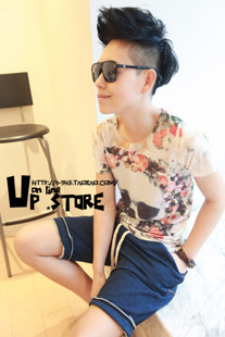 批发les帅T夏装新林弯弯半袖t恤男花朵骷髅印花潮流男士短袖t恤