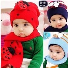 秋冬韩国儿童帽子甲壳虫帽子毛线宝宝帽子春秋围巾二件套装
