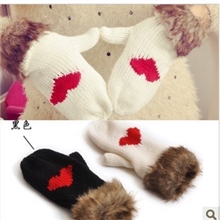 韩国冬季皮草挂脖毛线手套可爱保暖加厚爱心手套女保暖全指手套