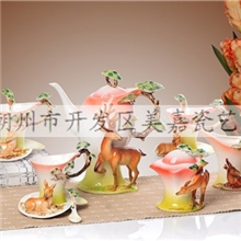 珐琅瓷千彩御瓷21头松鹿咖啡具套装精美礼品送领导朋友