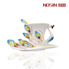 蓝孔雀咖啡杯厂家陶瓷杯子批发创意人工彩绘