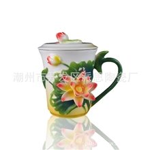 派思陶瓷莲花咖啡杯马克杯荷花盖杯水杯子珐琅瓷荷塘月色