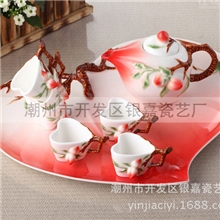 珐琅瓷8头茶具寿桃红色功夫茶具套装乔迁礼物送长辈父母