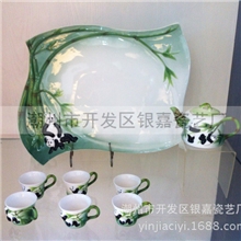 珐琅瓷茶具茶盘套装创意熊猫功夫茶具陶瓷工艺品礼品家居摆设