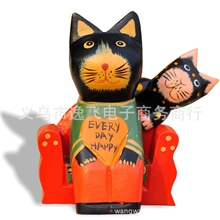 逸飞木雕动物摆件现代家居工艺品批发彩绘沙发猫902